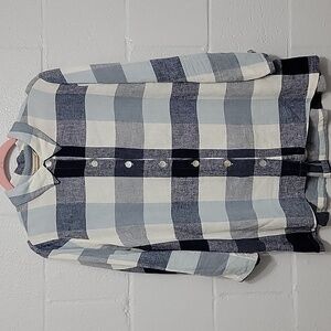 Soft Surroundings Linen Blend Plaid Button Down Shirt | Blue Ivory | L